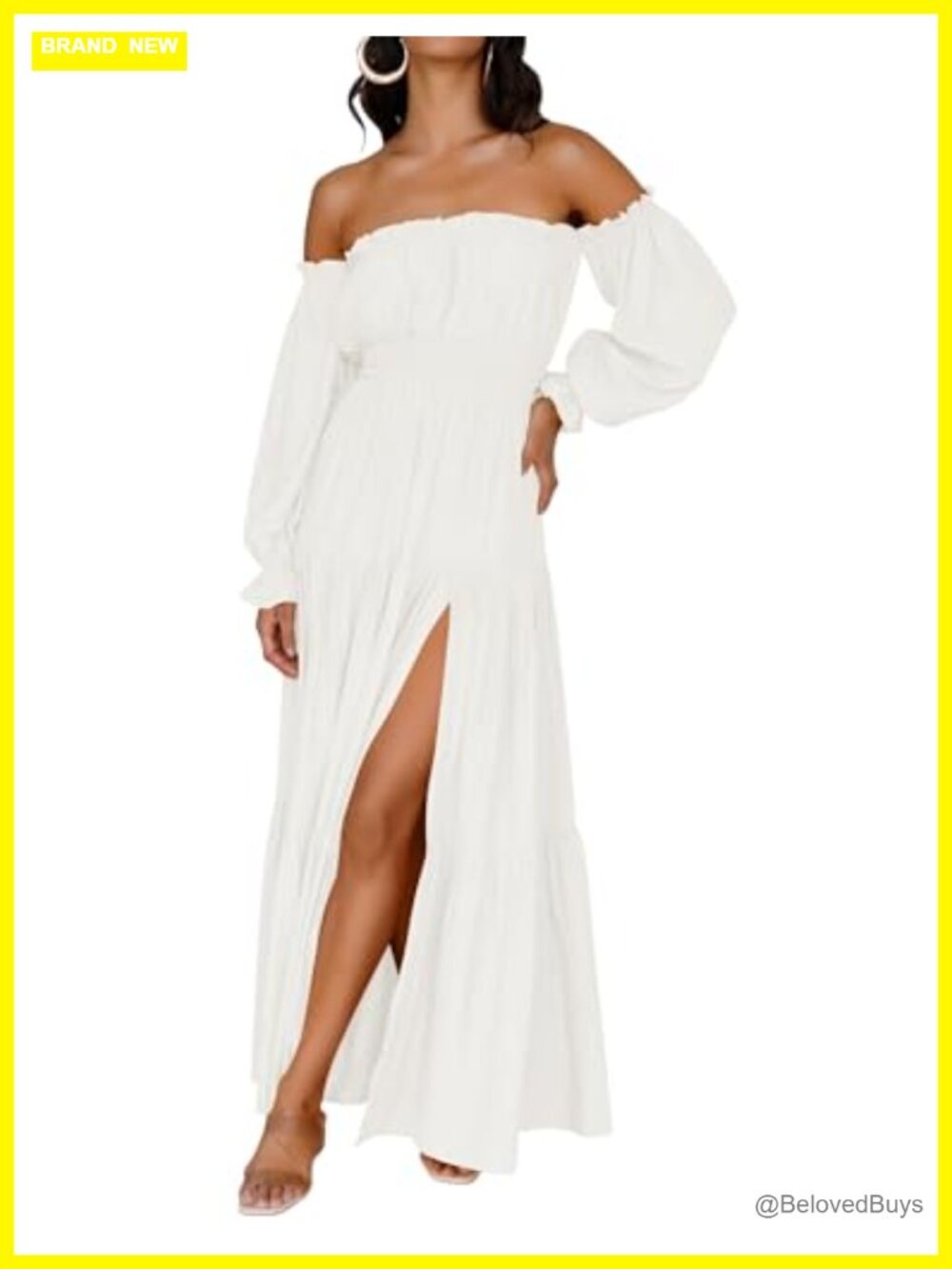 Off Shoulder Maxi Dress with Side Split, Puff Sleeve, High Waist